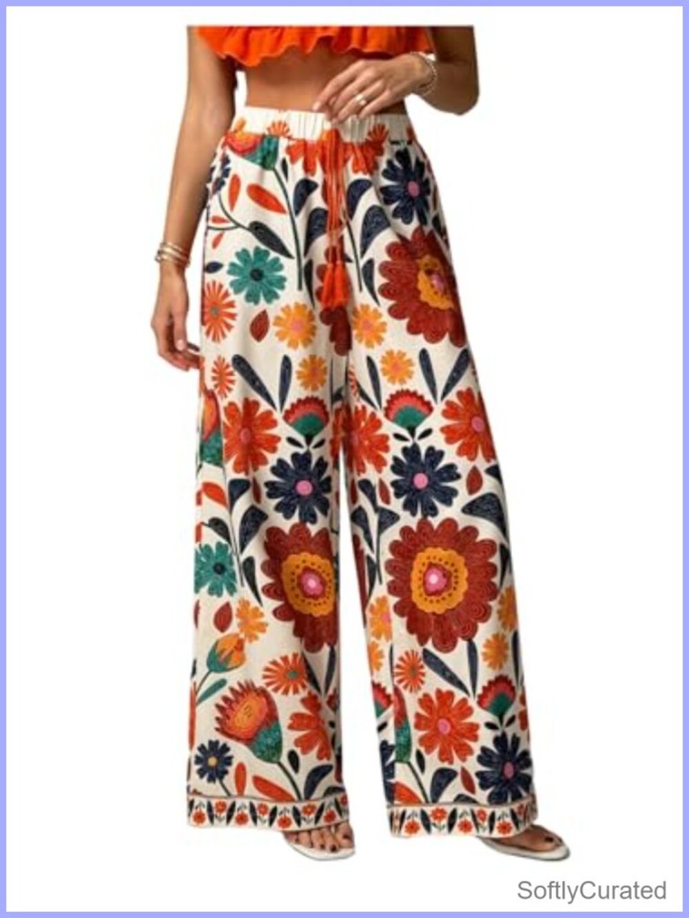 Boho Floral Wide Leg Palazzo Pants Elastic Waist Beach Vacation